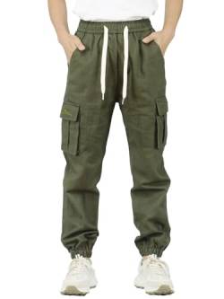 SERENYOU Cargohose für Jungen, Teenager, elastische Taille, Jogginghose mit mehreren Taschen, armee-grün, 13-14 Jahre von SERENYOU