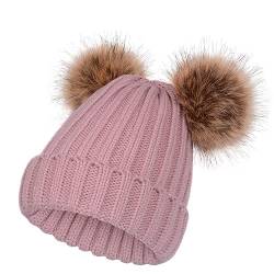 SERENYOU Damen Strickmützen Winter Bommelmütze mit Zwei Kunstpelz Bommel Rosa von SERENYOU