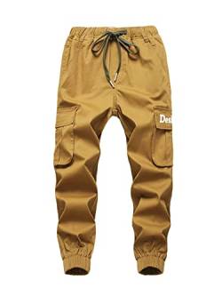 SERENYOU Jungen Cargohose Kinder Cargo Hose Jugendliche Freizeithose Jungs Jogginghose mit Elastischem Bund Braun 122-128 von SERENYOU