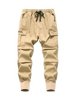 SERENYOU Jungen Cargohose Kinder Cargo Hose Jugendliche Freizeithose Jungs Jogginghose mit Elastischem Bund Khaki 122-128 von SERENYOU