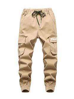 SERENYOU Jungen Cargohose Kinder Cargo Hose Jugendliche Freizeithose Jungs Jogginghose mit Elastischem Bund Khaki 122-128 von SERENYOU