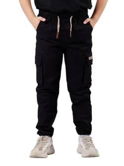 SERENYOU Jungen Cargohose Kinder Cargo Hose Jugendliche Freizeithose Jungs Jogginghose mit Elastischem Bund Schwarz 122-128 von SERENYOU