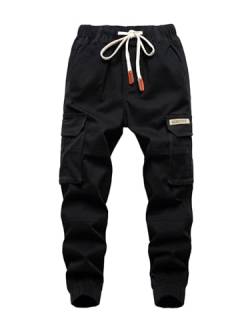 SERENYOU Jungen Cargohose Kinder Cargo Hose Jugendliche Freizeithose Jungs Jogginghose mit Elastischem Bund Schwarz 152-158 von SERENYOU