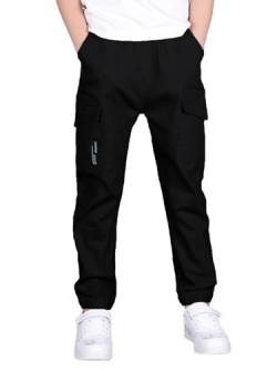 SERENYOU Jungen Cargohose Kinder Cargo Jogginghose Jugendliche Freizeithose Jungs Schlupfhosen Schwarz 130 von SERENYOU