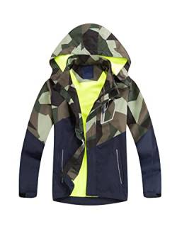 SERENYOU Jungen Gefütterte Regenjacke Kinder Camouflage Winddicht Übergangsjacke Mädchen Wasserdicht Windjacke Warm Wanderjacke Atmungsaktiv Softshelljacke Armeegrün 128-134 von SERENYOU