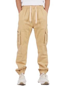 SERENYOU Kinder Cargohose Jungen Jogger Hose Elastischem Bund Jogginghose mit Seitentaschen Khaki 140 von SERENYOU