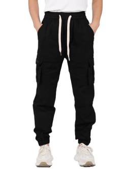 SERENYOU Kinder Cargohose Jungen Jogger Hose Elastischem Bund Jogginghose mit Seitentaschen Schwarz 180 von SERENYOU