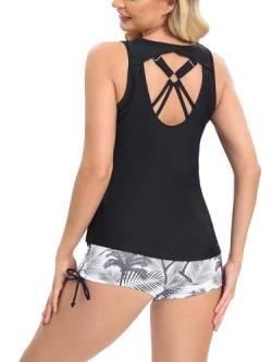 SERENYOU Tankini Damen Dreiteilig Bademode Set Sportlich Badeanzüge Oberteil mit Badeshorts Schwarz L von SERENYOU