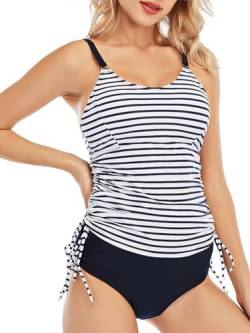 SERENYOU Tankini Damen Zweiteiler Bauchweg Sommer Bademode Set Freizeit Badeanzüge Oberteil mit Slips Streifen M von SERENYOU