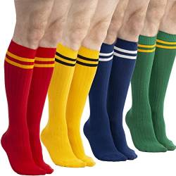 SERICI 4 x Herren Kniehohe Baumwolle Gestreifte Socken | Überziehsocken | Kleidersocken | Größe 43-45, Rot, Blau, Grün, Gelb, W-Streifen, 40.5-46 EU von SERICI