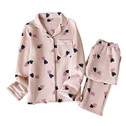 SERUMY Damen Schlafanzug Herbst und Winter Langarm Hose Baumwolle Warm Damen Pyjama Home Service Nachtwäsche - Rosa süßes Herz, M von SERUMY