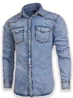 Herren-Denim-Shirt mit langen Ärmeln, Doppeltaschen, Druckknopfverschluss, Blau, Schnee, Mittel von SEVEN EAGLE