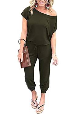 SEVETAT Damen Lose Einfarbig Off Shoulder Elastische Taille Lang Jumpsuit Romper Dehnbar Overall Einteiler Onesie Hosenanzug Playsuit (L, Armeegrün) von SEVETAT