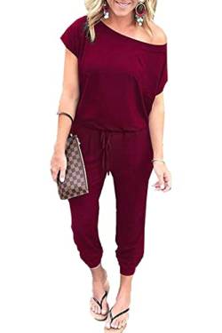 SEVETAT Damen Lose Einfarbig Off Shoulder Elastische Taille Lang Jumpsuit Romper Dehnbar Overall Einteiler Onesie Hosenanzug Playsuit (M, Weinrot) von SEVETAT