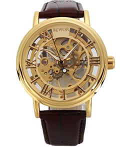 SEWOR Herren Mechanische Skelett aufziehbar transparent Armbanduhr mit Vintage Style (Gold Gold). von SEWOR