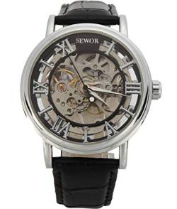 SEWOR Herren Mechanische Skelett aufziehbar transparent Armbanduhr mit Vintage Style (Weiß Schwarz) von SEWOR