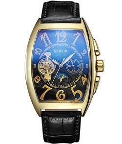 SEWOR Luxury Tourbillon Herren Mondphase automatische mechanische Armbanduhr Lederband Glasbeschichtung blau von SEWOR