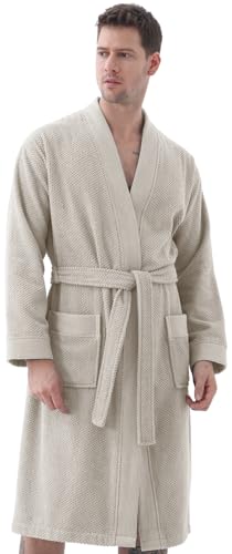 SEYANTE Türkischer Baumwoll-Frottee-Bademantel für Herren, Öko-Tex®-zertifiziert, mit Kapuze, Kimono-Frottee-Robe, lang strukturiert, mit Reis-Webbesatz, Beige / Kimono, Medium von SEYANTE