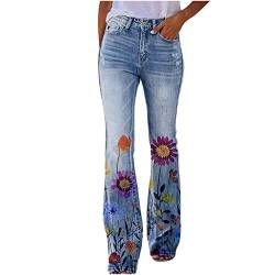 Damen Stretch Elegant Jeanshose Bedruckte Dünne Stretch-Skinny Stretch-Knopf Faux Denim-Hose Elegant Stretch Schlaghose Bootcut Hohe Taille Flared Jeans Weites Bein Retro Stil Destroyed Denim von SGFY