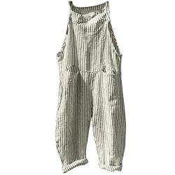 Gestreifter Damen-Taschen-Trägeroverall Baggy Latzhose Jumpsuit Arbeitshose Ärmellose Overalls Übergröße Casual Playsuit Sommer Unifarben Freizeithose Einteilig Langes Weites Bein Hose mit Tasche von SGFY