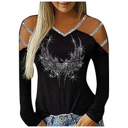 Glitzer Oberteile Damen Sexy Party Streetwear Langarmshirt Festlich Blumen Lässiges Schulterfrei Bluse Tunika Tops Elegant Casual Pullover von SGFY