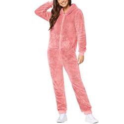 Jumpsuit Damen Teddy Fleece Schlafanzug Einteiler Winter Warm Kuschelig Onesie Lang Schlafoverall Pyjama Kuschelig und Warm Ganzkörperanzug Flauschig Hausanzug mit Kapuze von SGFY