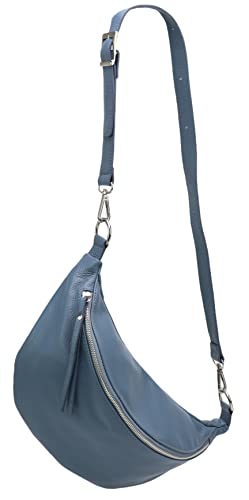 SH Leder echt Leder Damen Unisex Brusttasche für Festival Reise mittelgross Hüfttasche Crossbody Bag Verstellbarer welchsellbar Schultergurt Frauen Ledertasche 37x21cm Greta G747 (Jeansblau) von SH Leder