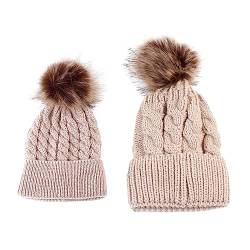 SH-RuiDu 2 Stück Eltern- Kind- Familie passende Hüte, Baby Mutter Strickmütze Wärmer Familie Häkelmütze Wollmütze Beanie Skimützen für Mutter und Baby, Khaki von SH-RuiDu