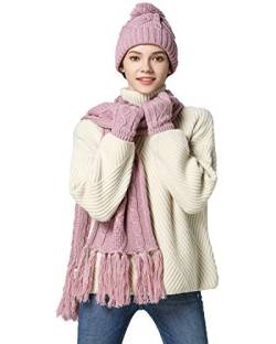 SHADDOCK Mütze Schal Handschuh-Sets für Damen Stricken Mütze Hut Gestrickte Langer Schal Touchscreen-Handschuhe Unisex 3 in 1 Winter Kombi Geschenkset(Rosa) von SHADDOCK