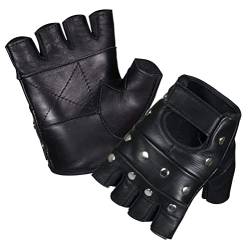 Unisex Echtleder-Handschuhe, fingerlos, Punk Gothic, Biker, einfarbig, Nieten, Tanz, Radfahren, Fahren, Fitnessstudio, Rollstuhl, Fingerlose Handschuhe mit Nieten, Schwarz, M von SHADOW DANCE UK