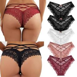 SHAINE 5er Pack String Tanga Set Damen Spitze Unterhosen Sexy Dessous Thong Frauen Atmungsaktiv Slips Unterwäsche Bequem Unterkleidung Weich Bikini Panties S von SHAINE