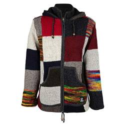 Herren Patchwork Wolljacke mit Kapuze - Männer Patch NH Multi - in fairem Wettbewerb in Nepal hergestellte Strickjacke, 100% Wolle | Fleece Innenfutter | Neplajacke | Handmade | Bunte Farben - L von SHAKALOHA LIFE IS FOR LIVING