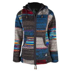 Patchwork Strickjacke Wolljacke in Bunte Farben mit Kapuze - M Patch ZH BlitzMulti für Herren - in Nepal hergestellte fleecegefütterte Wolljacke mit Abnehmbarer Kapuze. SHAKALOHA Original. - L von SHAKALOHA LIFE IS FOR LIVING