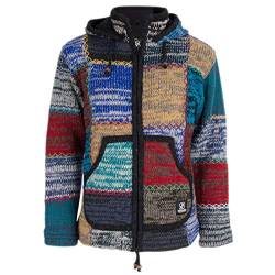 Patchwork Strickjacke Wolljacke in Bunte Farben mit Kapuze - W Patch ZH Fademulti für Damen - in Nepal hergestellte fleecegefütterte Wolljacke mit Abnehmbarer Kapuze. SHAKALOHA Original. - 3XL von SHAKALOHA LIFE IS FOR LIVING