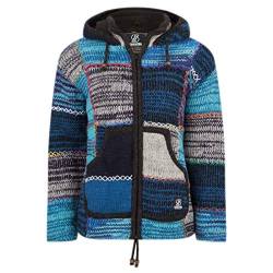 SHAKALOHA - Spitzenqualität Patchwork Strickjacke in Blaue Farben und Strickmuster - Abnehmbarer Kapuze -W Patch NH Mixblue für Damen - fleecegefütterte Nepal Wolljacke. Einzigartig. - L von SHAKALOHA LIFE IS FOR LIVING