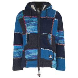 Shakaloha Patchwork Strickjacke Wolljacke in Bunte Farben mit Kapuze - W Patch ZH Navy für Damen - im fairen Wettbewerb in Nepal hergestellte fleecegefütterte Wolljacke mit Abnehmbarer Kapuze. - M von SHAKALOHA LIFE IS FOR LIVING