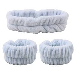 SHANGMAOYO 3 Stück Spa Stirnband Handgelenk Waschband Set, Soft Coral Fleece Spa Gesichts-Make-up Stirnbänder, Spa Gesichts Stirnband, Handgelenk Schweißband, für Frauen Mädchen Make-up-Bad (blau) von SHANGMAOYO