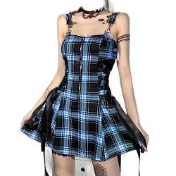 2023 Gothic-Lolita-Kleid, kariert, Halloween, Spitze, Mini, schwarz, drapiert, figurbetont, Vintage, langärmelig, Party, Hochzeit, Übergröße, KH21080, Blau, S von SHANHE