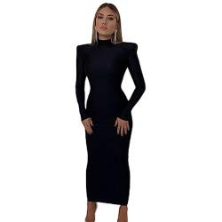 Einfarbig Langarm Pad Schulter High Neck Maxi Kleid Frauen Mode Straße Elegante Slim Fit von SHANHE