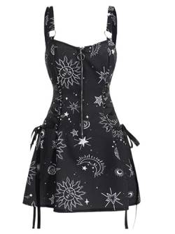 Korsetts A-Linie Minikleid E Girl Start and Moon Print Frauen High Street Bandage Sexy Fairy Grunge Tank Dress-Schwarz, XXL von SHANHE