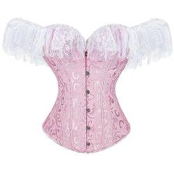 SHANHE Damen-Top, Jacquard-Schnürbesatz mit Ärmeln, Korsetts, One-Shoulder-Satin-Bustier, Übergröße, Vintage, Rosa, M von SHANHE