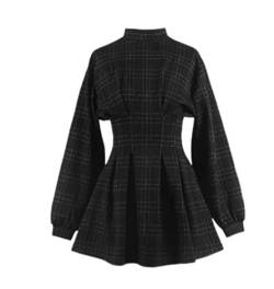 SHANHE Gothic Kleid Gothic Harajuku Vintage Plaid Wrap Balck Minikleid Retro Plissee Punk Langarm Dunkelästhetisch Kpop-Graues Gitter, L von SHANHE