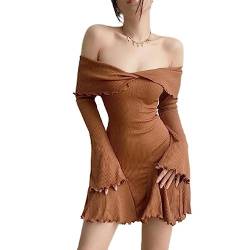 Women Knitting Dresses Long Sleeve Off Shoulder Solid Color Casual Party Spring Summer Dress Club Street Style-Coffee,S von SHANHE