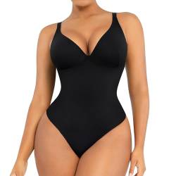 SHAPELLX Shapewear Bodysuit Bauchkontrolle für Frauen Tiefer V-Ausschnitt Sculpting Tanga Body Shaper Täglich Tragen Glatte Body Anzüge, A1-schwarz, XXL von SHAPELLX