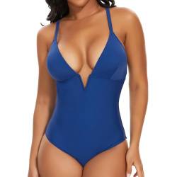 SHAPERIN Badeanzug Bauchweg Damen Tiefer V Ausschnit Einteilige Bademode Monikini Badebekleidung mit Shaping Effekt Swimsuits Tummy Control Women Navy Blau XL von SHAPERIN