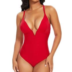 SHAPERIN Badeanzug Bauchweg Damen Tiefer V Ausschnit Einteilige Bademode Monikini Badebekleidung mit Shaping Effekt Swimsuits Tummy Control Women Rot M von SHAPERIN