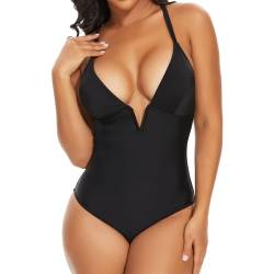 SHAPERIN Badeanzug Bauchweg Damen Tiefer V Ausschnit Einteilige Bademode Monikini Badebekleidung mit Shaping Effekt Swimsuits Tummy Control Women Schwarz S von SHAPERIN