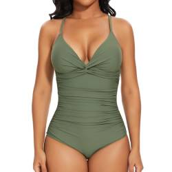 SHAPERIN Badeanzug Bauchweg Shapewear Damen V Ausschnit Einteilige Bademode Monikini Badebekleidung Swimsuits Tummy Control Women Grün L von SHAPERIN