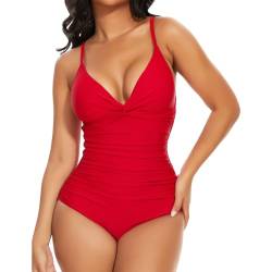 SHAPERIN Badeanzug Bauchweg Shapewear Damen V Ausschnit Einteilige Bademode Monikini Badebekleidung Swimsuits Tummy Control Women Rot M von SHAPERIN