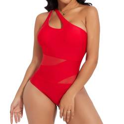 SHAPERIN Badeanzug Damen Bauchweg Sheer Mesh Swimsuit Bauchkontrolle Einteilige Bademode Monikini Tummy Control Swimwear Rot 2# 2XL von SHAPERIN